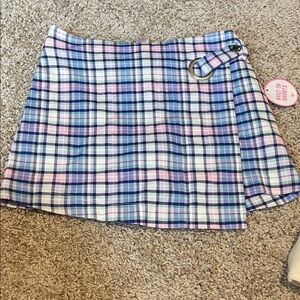 Justice Blue and Pink Plaid Skirt with Buckle